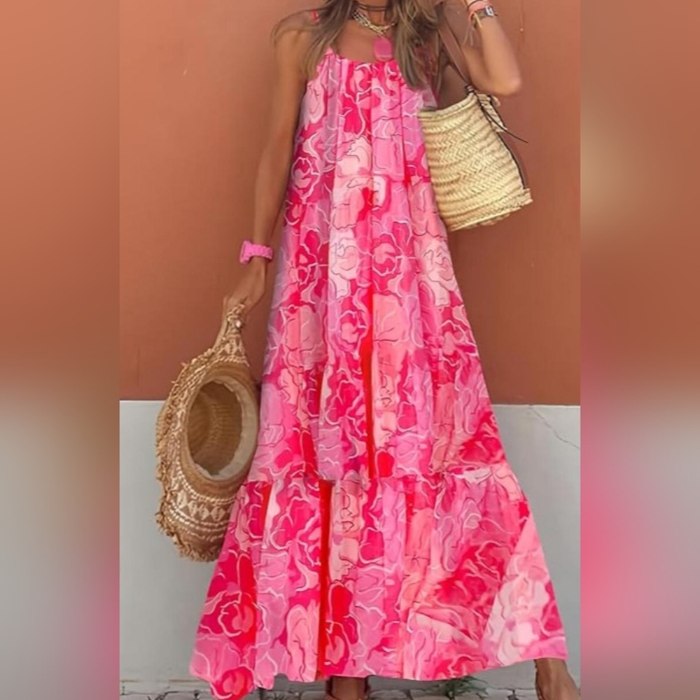 Dokotoo Pink and Light Orange Ruffled Tiered Halter Maxi Dress